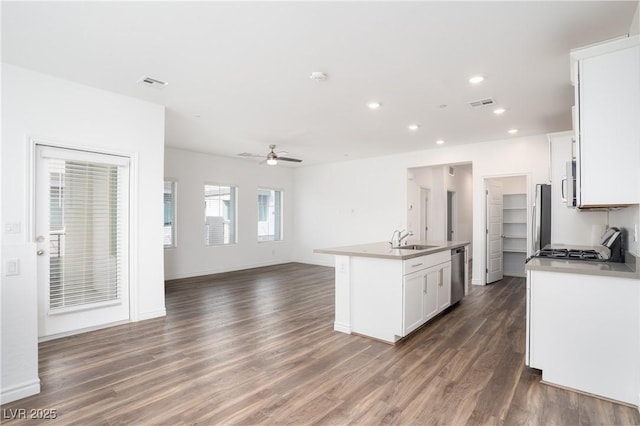 600 N Carriage Hill Dr Unit 2174, Las Vegas, NV 89138 - kitchen with stainless steel dishwasher, a sink, a ceiling fan, open floor plan, and dark wood finished floors