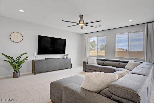 8564 Scalpay St, Las Vegas, NV 89166 - living room with carpet floors, ceiling fan, baseboards, and recessed lighting