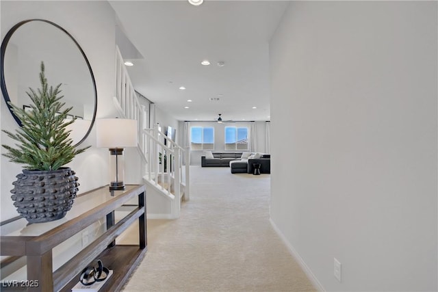 8564 Scalpay St, Las Vegas, NV 89166 - hall with carpet flooring, stairway, recessed lighting, and baseboards