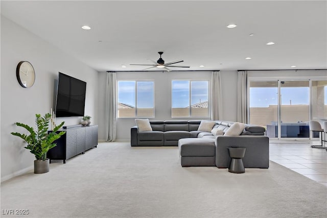 8564 Scalpay St, Las Vegas, NV 89166 - living area with carpet flooring, a ceiling fan, recessed lighting, and baseboards
