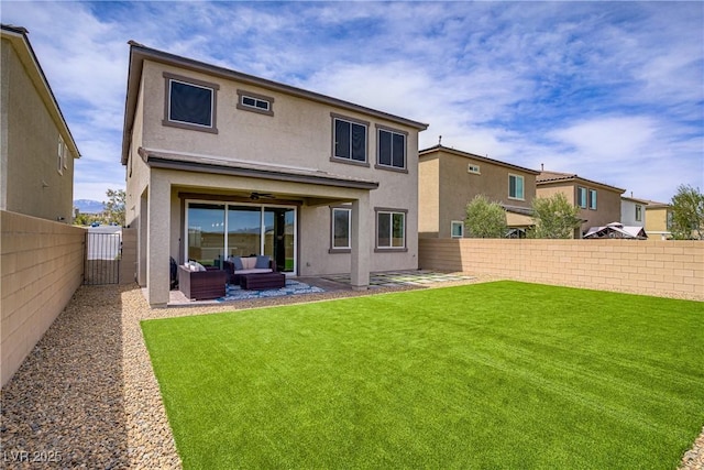 8564 Scalpay St, Las Vegas, NV 89166 - rear view of property with an outdoor hangout area, a gate, stucco siding, and a patio area