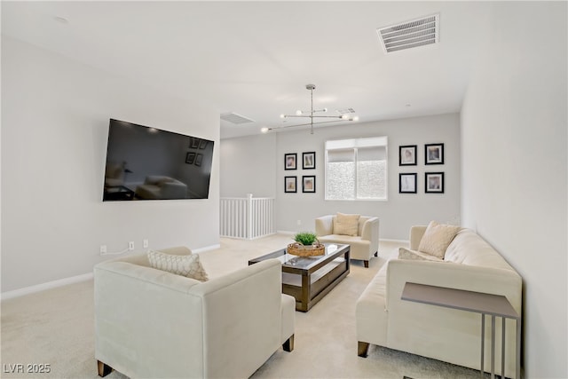 8564 Scalpay St, Las Vegas, NV 89166 - living room featuring light carpet, a chandelier, and baseboards