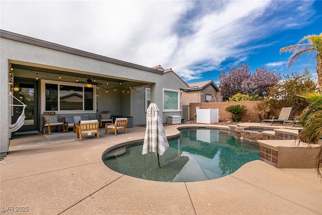 3920 Eiderdown Pl, North Las Vegas, NV 89084 - view of pool with a pool with connected hot tub, a patio area, a fenced backyard, a ceiling fan, and outdoor lounge area