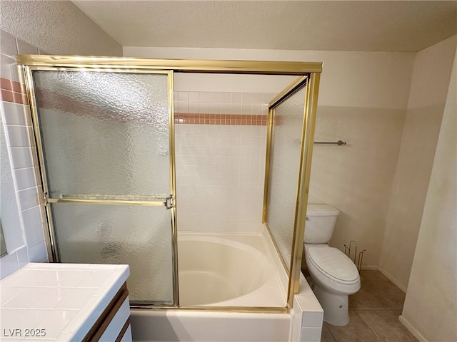 full bathroom with toilet, a washtub, a shower with door, tile patterned flooring, and vanity