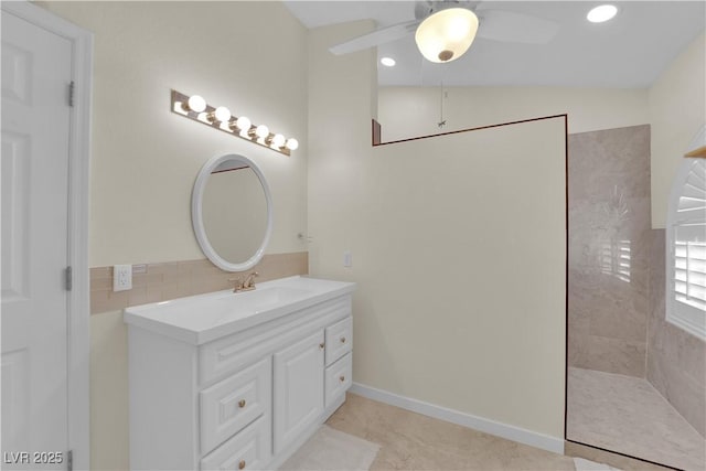 7405 Blue Sage Ct, Las Vegas, NV 89129 - full bath featuring vanity, a ceiling fan, vaulted ceiling, walk in shower, and recessed lighting