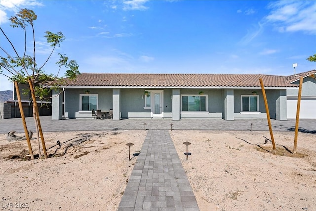 back of house with stucco siding, a patio area, and a tile roof