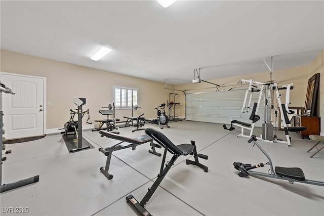 exercise room featuring a garage