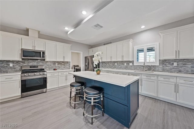 kitchen featuring white cabinets, stainless steel appliances, and a sink