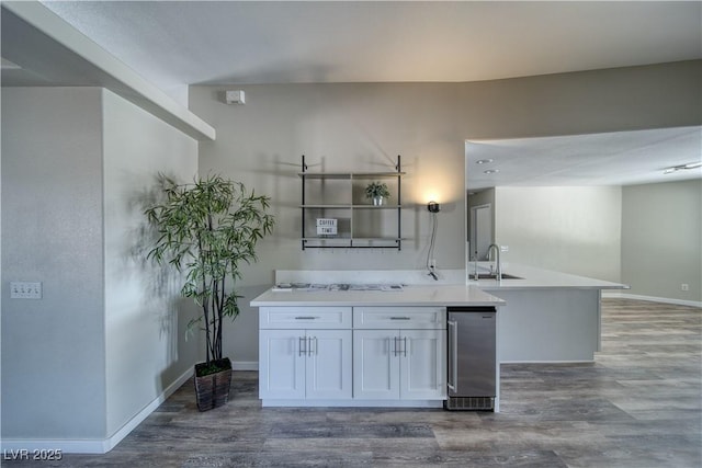 1131 China St, Pahrump, NV 89048 - kitchen featuring dark wood-style flooring, a sink, baseboards, light countertops, and white cabinets