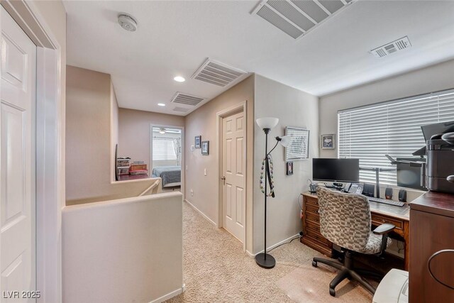 carpeted home office featuring recessed lighting and visible vents