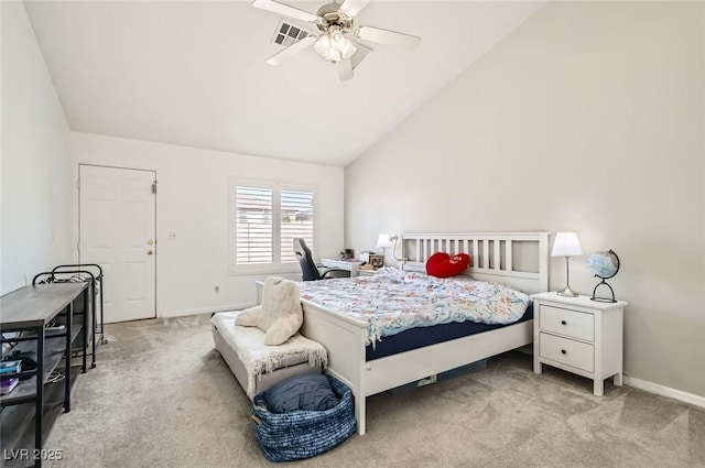 8515 Belcastro St, Las Vegas, NV 89113 - bedroom with lofted ceiling, light carpet, a desk, baseboards, and ceiling fan
