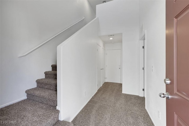 staircase featuring carpet