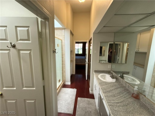2796 Cape Hope Way, Las Vegas, NV 89121 - bathroom featuring a shower stall, wood finished floors, and vanity