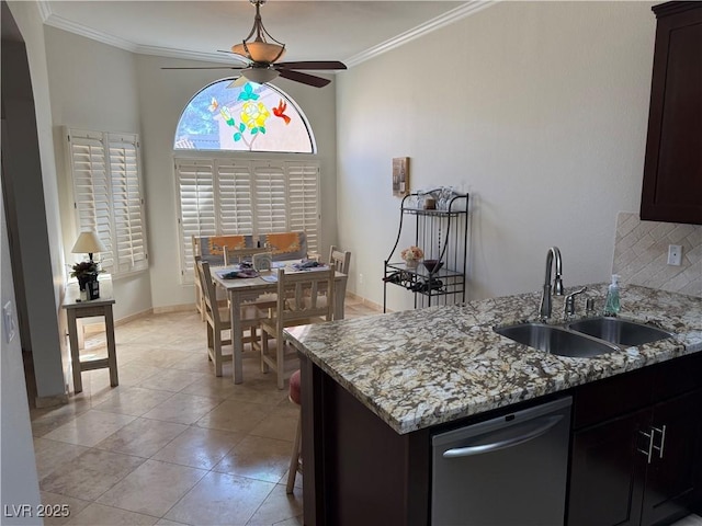 2796 Cape Hope Way, Las Vegas, NV 89121 - kitchen featuring a sink, dishwasher, a ceiling fan, ornamental molding, and light stone countertops