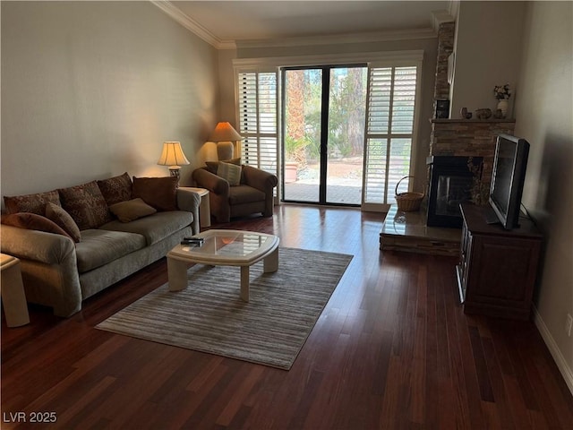 2796 Cape Hope Way, Las Vegas, NV 89121 - living area with dark wood-style floors, ornamental molding, a fireplace, and baseboards