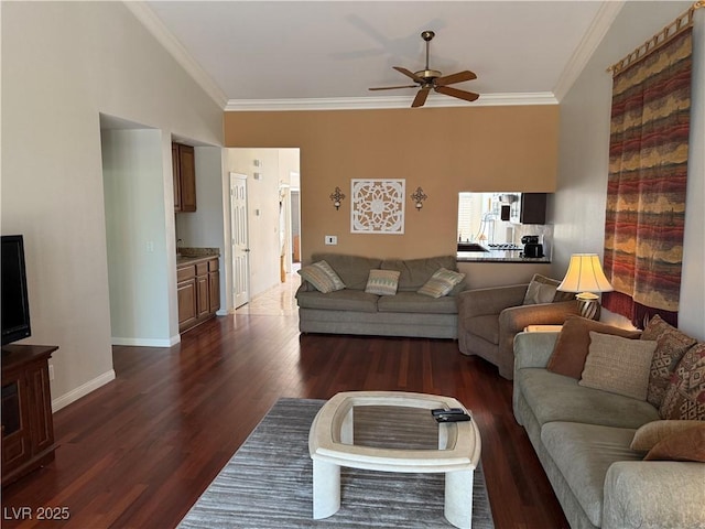 2796 Cape Hope Way, Las Vegas, NV 89121 - living area with crown molding, ceiling fan, dark wood-style floors, and baseboards