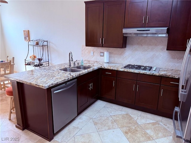 2796 Cape Hope Way, Las Vegas, NV 89121 - kitchen featuring under cabinet range hood, a sink, appliances with stainless steel finishes, tasteful backsplash, and a peninsula