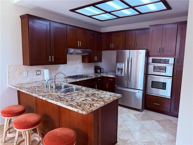 2796 Cape Hope Way, Las Vegas, NV 89121 - kitchen with appliances with stainless steel finishes, under cabinet range hood, a sink, a peninsula, and light stone countertops