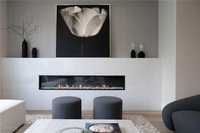 room details featuring a glass covered fireplace and wood finished floors