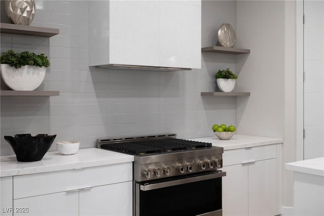 kitchen featuring open shelves, decorative backsplash, and stainless steel gas range oven