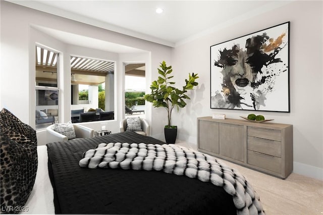 carpeted bedroom with baseboards and recessed lighting