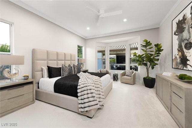 bedroom featuring recessed lighting, a ceiling fan, light carpet, and ornamental molding