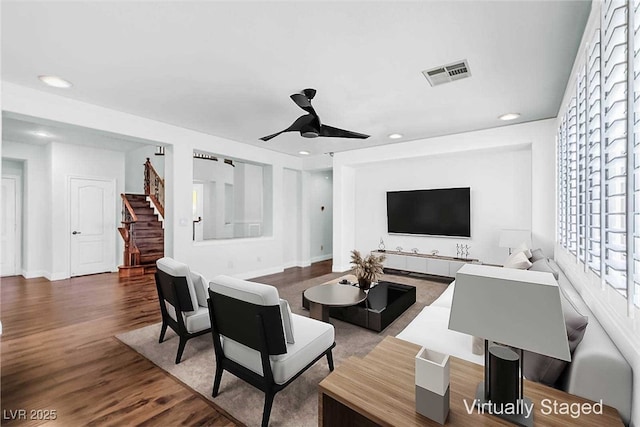 8429 Brackenfield Ave, Las Vegas, NV 89178 - living room with ceiling fan, stairs, wood finished floors, recessed lighting, and baseboards