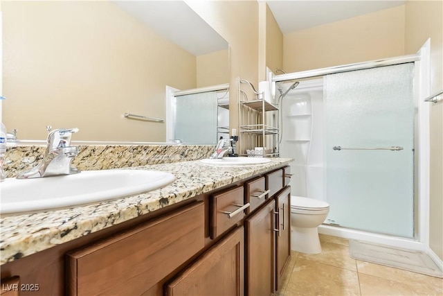 2612 Tullamore Creek Ln, Laughlin, NV 89029 - bathroom with a stall shower, tile patterned floors, double vanity, and toilet