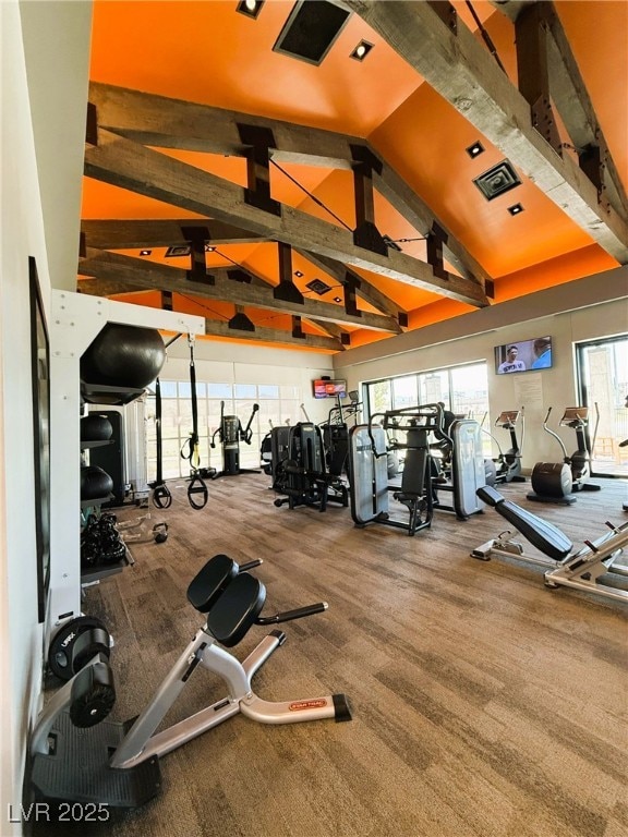 8944 Skye Canyon Ranch St, Las Vegas, NV 89166 - workout area featuring carpet flooring, high vaulted ceiling, and beam ceiling
