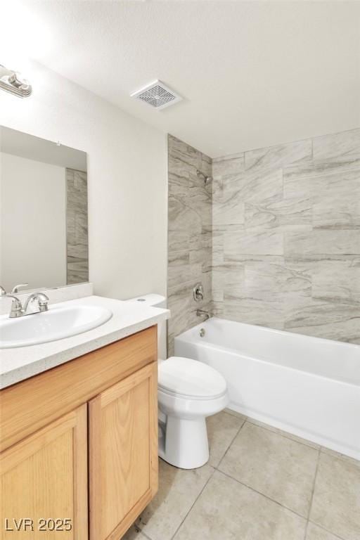 bathroom with tile patterned flooring, vanity, toilet, shower / washtub combination, and visible vents