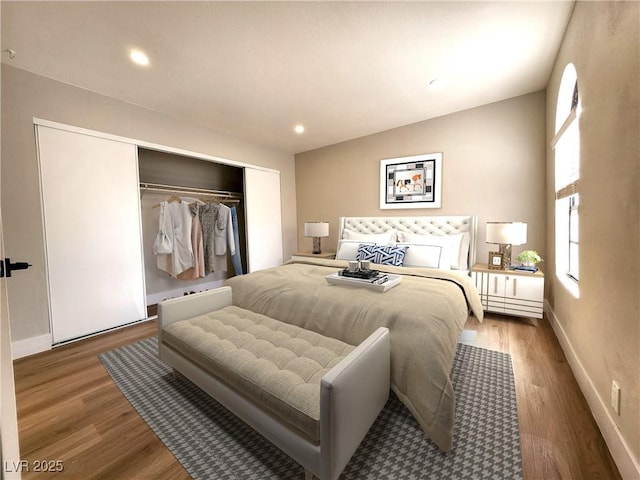 4050 Pacific Harbors Dr Unit 209, Las Vegas, NV 89121 - bedroom with recessed lighting, baseboards, a closet, and wood finished floors