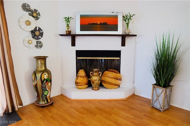 details featuring a fireplace, baseboards, and wood finished floors