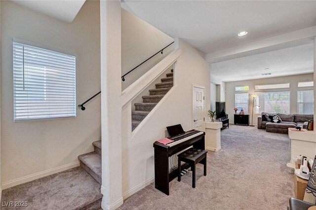 6516 Austin Hope Ave, Las Vegas, NV 89118 - staircase with carpet flooring, baseboards, and recessed lighting