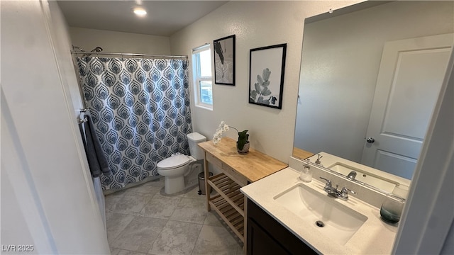 full bathroom featuring curtained shower, toilet, tile patterned flooring, and vanity
