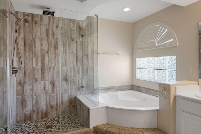 506 Staghorn Pass Ave, Las Vegas, NV 89183 - bathroom with a bath, vanity, and a stall shower