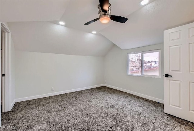 additional living space featuring vaulted ceiling, recessed lighting, baseboards, carpet floors, and a ceiling fan