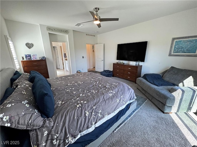 bedroom featuring carpet flooring, visible vents, and a ceiling fan