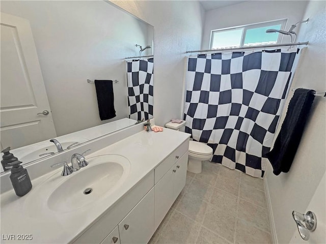 bathroom with tile patterned floors, a shower with shower curtain, toilet, and vanity