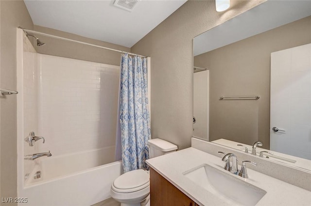 bathroom with visible vents, toilet, shower / bath combo with shower curtain, and vanity