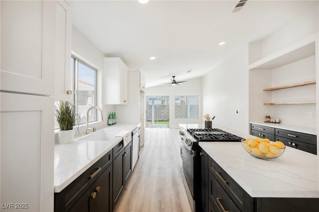 kitchen with a center island, black range with gas cooktop, dark cabinets, and a sink