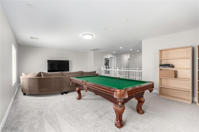 rec room featuring visible vents, light colored carpet, pool table, baseboards, and recessed lighting