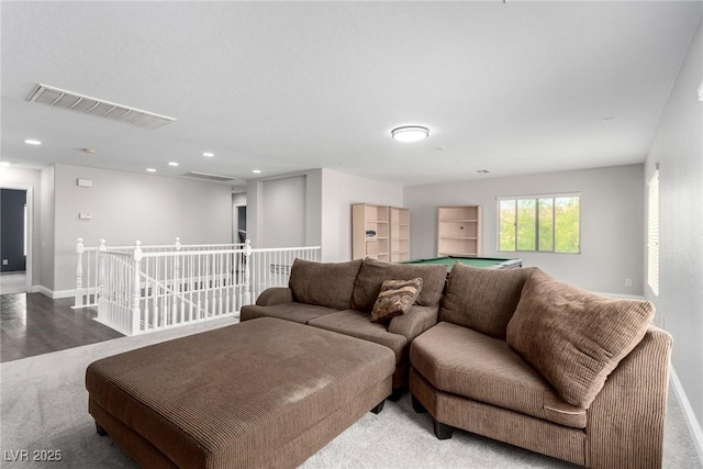 living room with visible vents, carpet floors, baseboards, recessed lighting, and pool table
