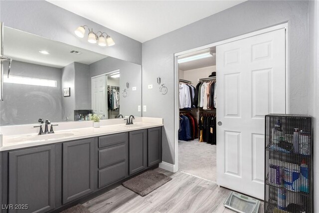 bathroom with a sink, a walk in closet, double vanity, and wood finished floors