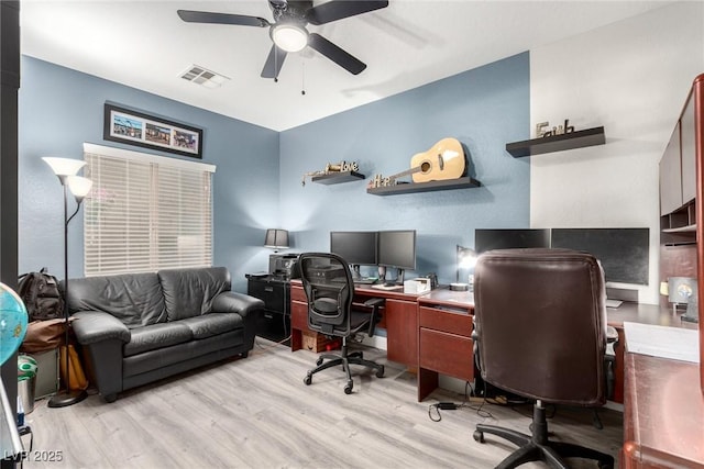 office space with a ceiling fan, visible vents, and light wood-style flooring