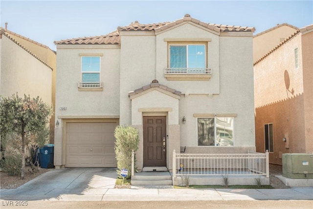 7649 Calico Fields St, Las Vegas, NV 89149 - view of front of property with driveway, stucco siding, a tile roof, and an attached garage