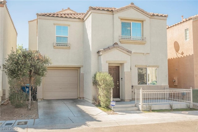 7649 Calico Fields St, Las Vegas, NV 89149 - mediterranean / spanish-style house with stucco siding, an attached garage, a tiled roof, and driveway