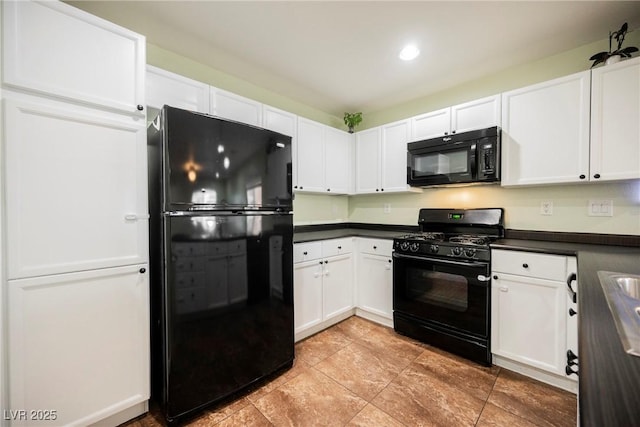 7649 Calico Fields St, Las Vegas, NV 89149 - kitchen with white cabinets, light tile patterned floors, dark countertops, black appliances, and recessed lighting
