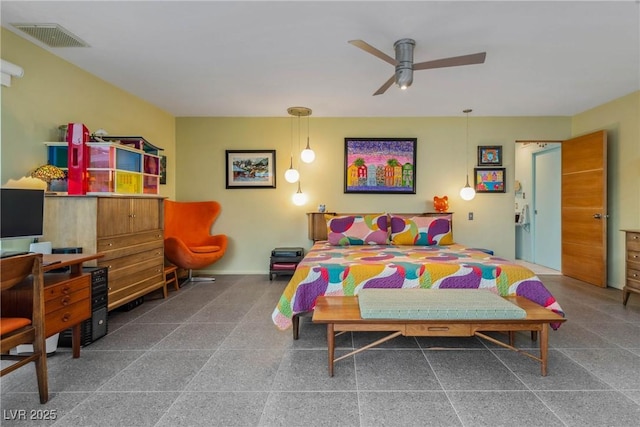 3586 Spencer St, Las Vegas, NV 89169 - bedroom featuring baseboards, granite finish floor, visible vents, and ceiling fan