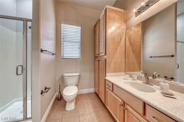 2064 Poetry Ave, Henderson, NV 89052 - full bath featuring toilet, vanity, a shower stall, tile patterned flooring, and baseboards