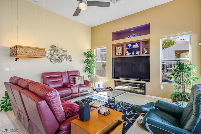 10524 Longwood Dr, Las Vegas, NV 89134 - tiled living room featuring visible vents, built in features, and a ceiling fan